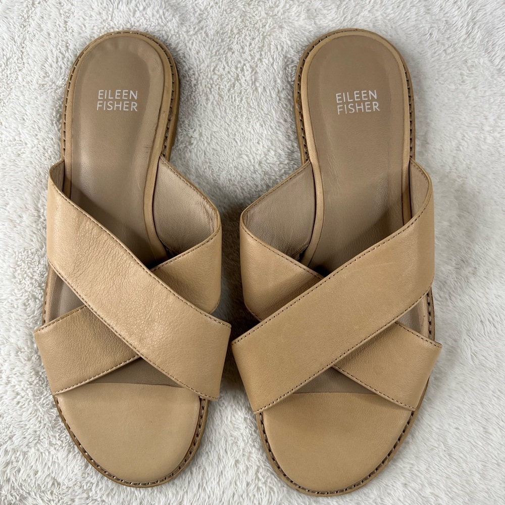 Eileen Fisher Cape Crossover Leather Sandals Sand/Cream Women's Size 8.5